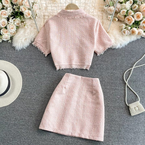 HELLO Vintage Two Piece Set Single Breasted Tassel Top with Mini Skirt